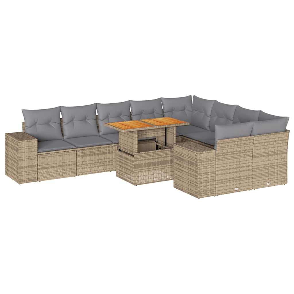 10-tlg. Garten-Sofagarnitur mit Kissen Beige Poly Rattan Akazie