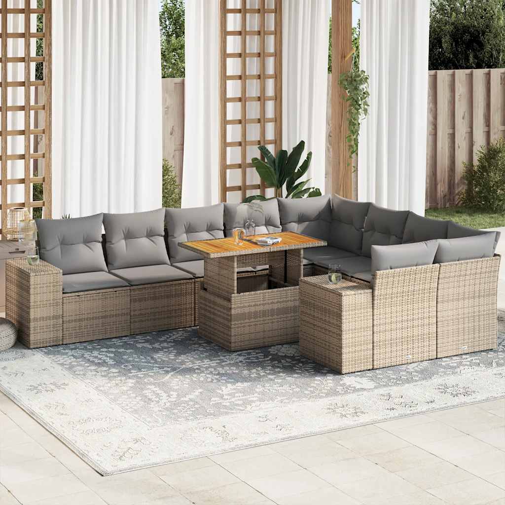 10-tlg. Garten-Sofagarnitur mit Kissen Beige Poly Rattan Akazie