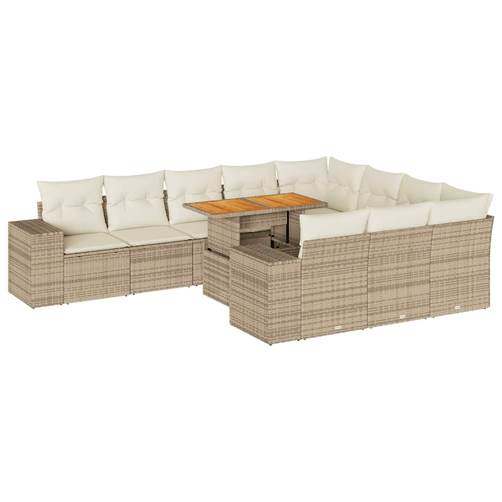 10-tlg. Garten-Sofagarnitur mit Kissen Beige Poly Rattan Akazie