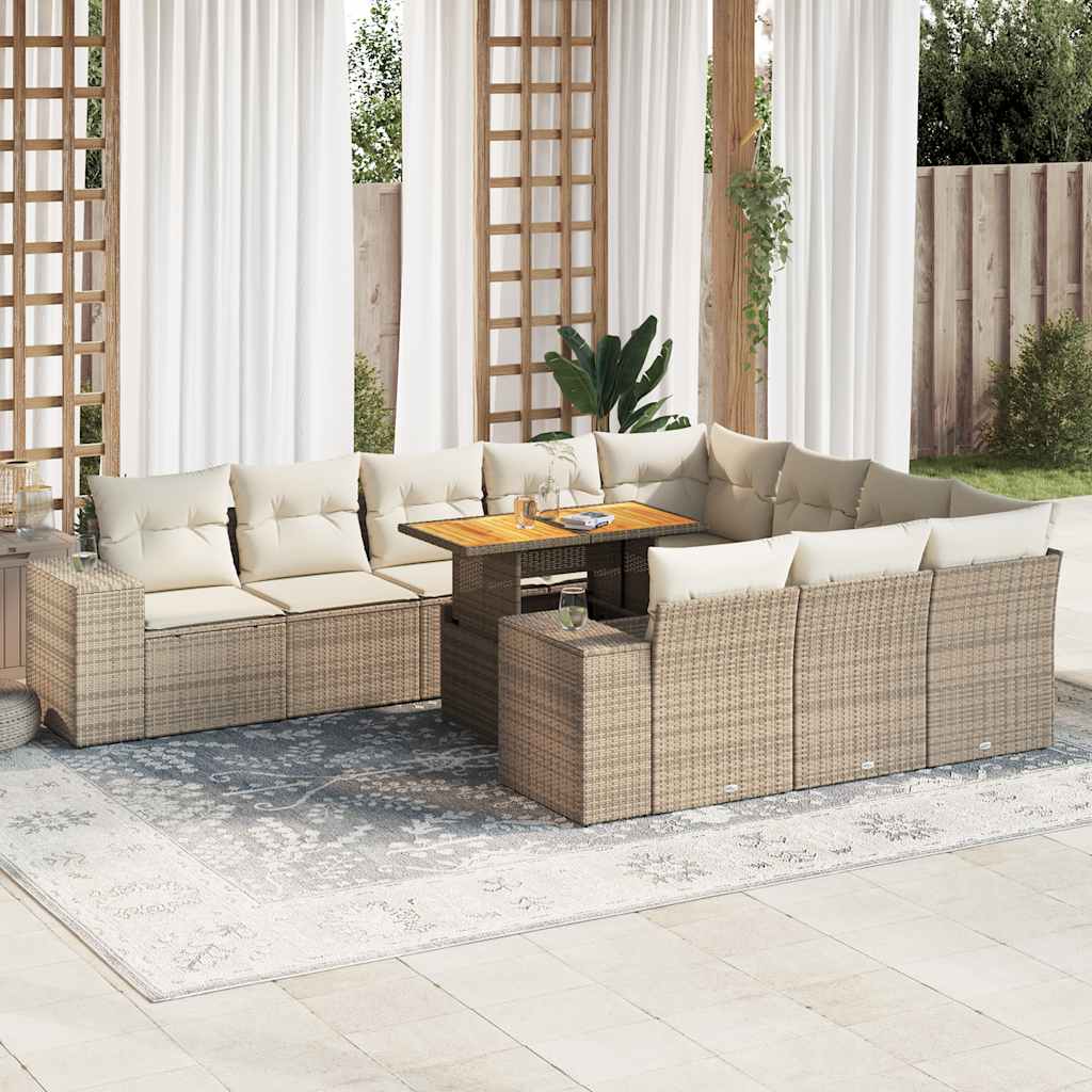 10-tlg. Garten-Sofagarnitur mit Kissen Beige Poly Rattan Akazie