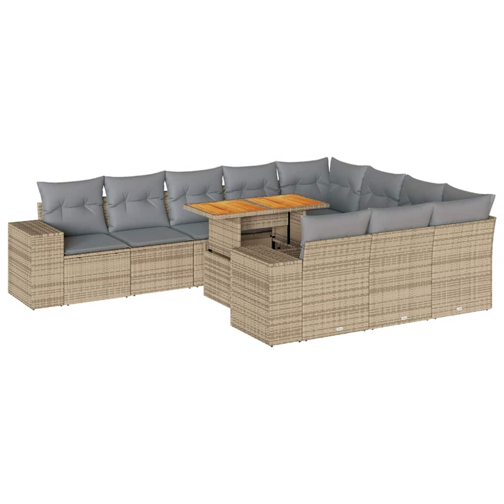 10-tlg. Garten-Sofagarnitur mit Kissen Beige Poly Rattan Akazie