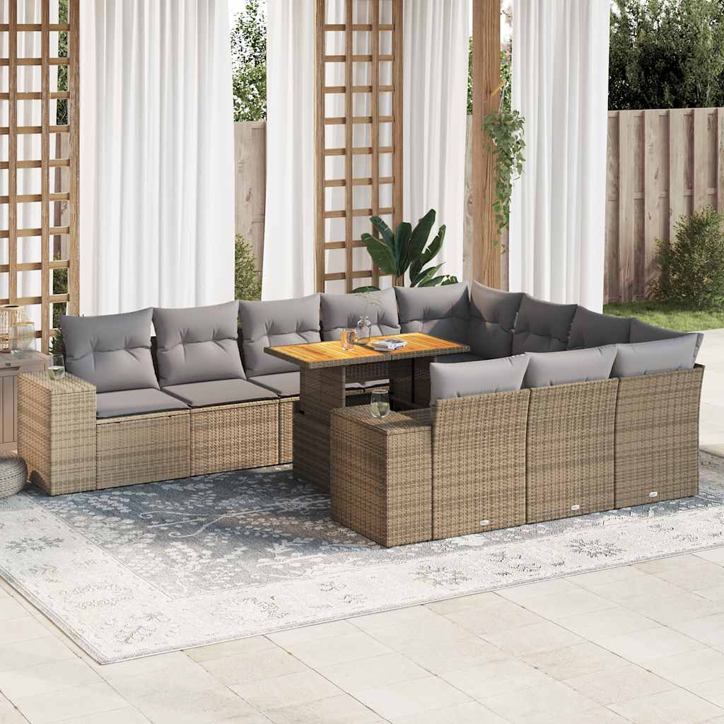 10-tlg. Garten-Sofagarnitur mit Kissen Beige Poly Rattan Akazie