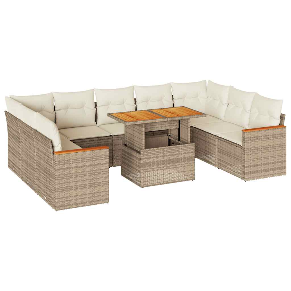 10-tlg. Garten-Sofagarnitur mit Kissen Beige Poly Rattan Akazie