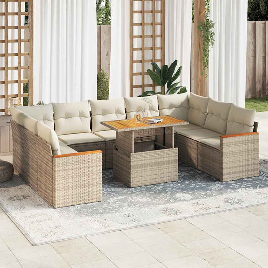 10-tlg. Garten-Sofagarnitur mit Kissen Beige Poly Rattan Akazie