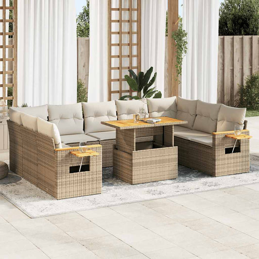 10-tlg. Garten-Sofagarnitur mit Kissen Beige Poly Rattan Akazie