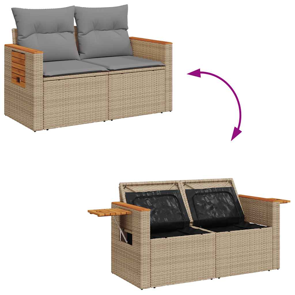 10-tlg. Garten-Sofagarnitur mit Kissen Beige Poly Rattan Akazie