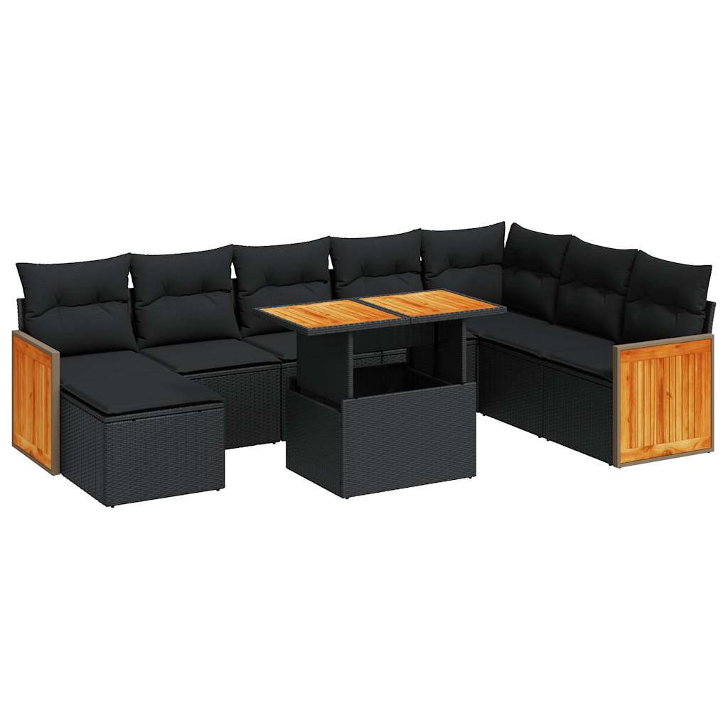 9-tlg. Garten-Sofagarnitur mit Kissen Schwarz Poly Rattan