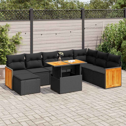 9-tlg. Garten-Sofagarnitur mit Kissen Schwarz Poly Rattan