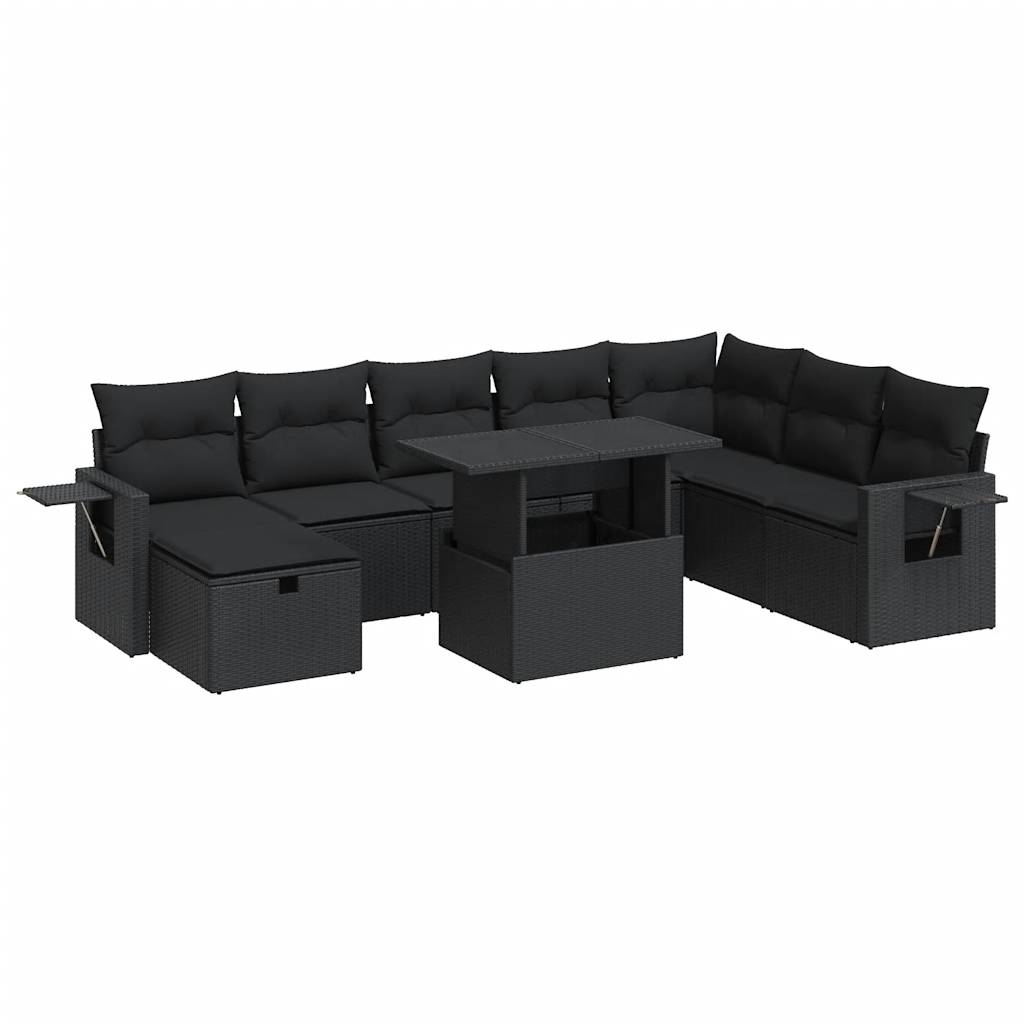 9-tlg. Garten-Sofagarnitur mit Kissen Schwarz Poly Rattan