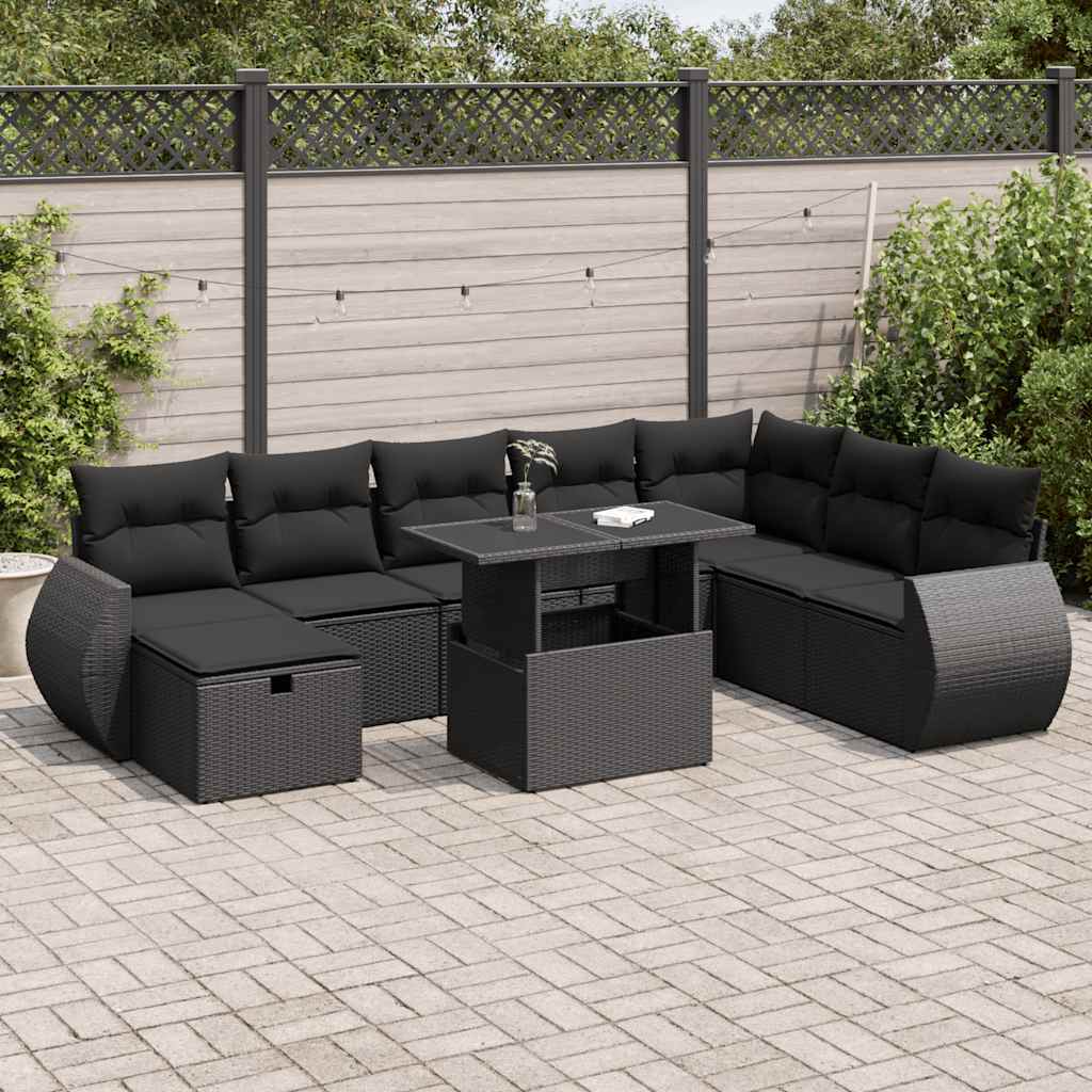 9-tlg. Garten-Sofagarnitur mit Kissen Schwarz Poly Rattan